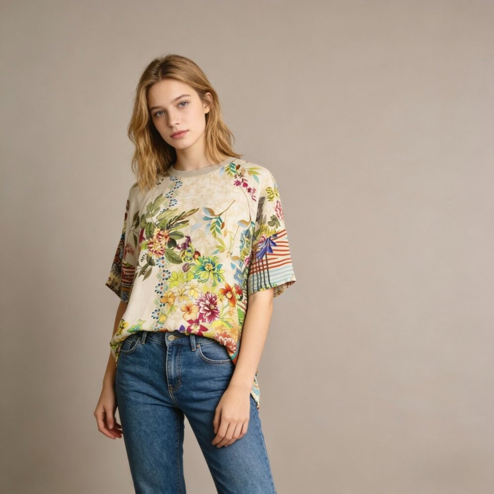 NWOT Johnny Was Floral Silk Shirt Blouse Multicolor Crew Neck Size S